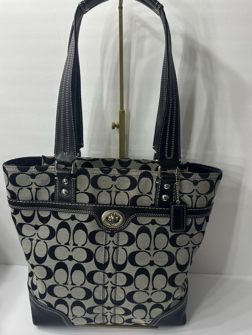 Coach Signature Turnlock Tote in Black & Beige